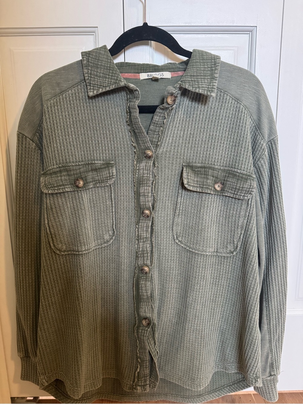 Briggs New York Olive Green Waffle Knit Button Down Flannel Top